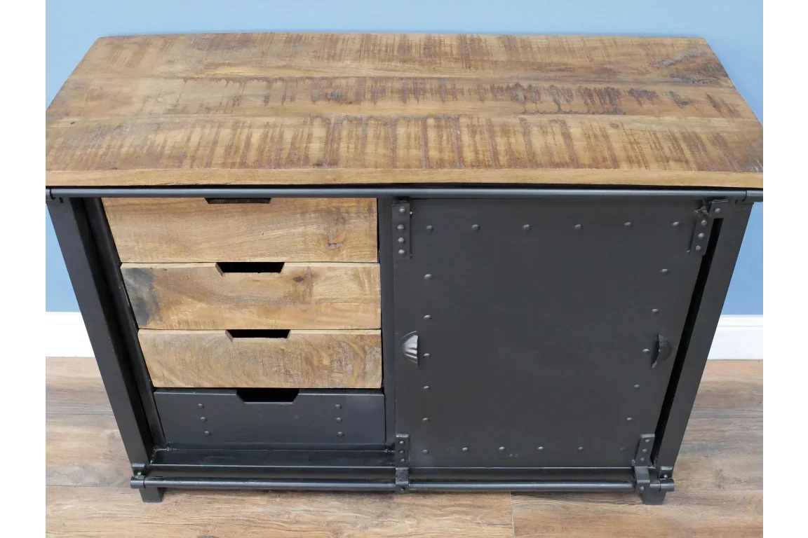 Industrial sideboard with three wooden drawers and black metal sliding door on wooden floor