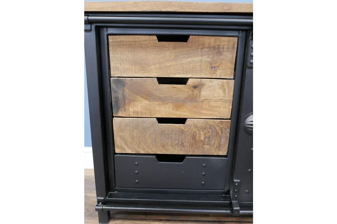 Industrial style sideboard with natural wood drawers and black metal frame