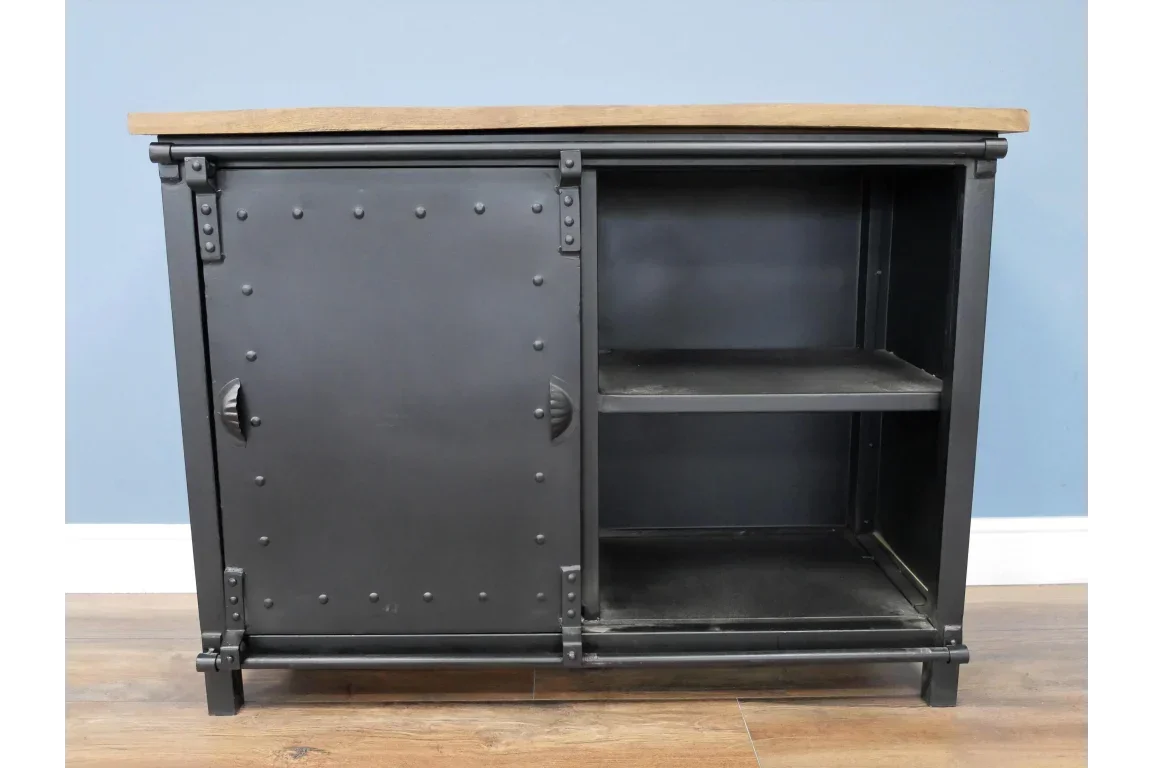 Black metal sideboard with riveted sliding door and open shelving, wood top finish