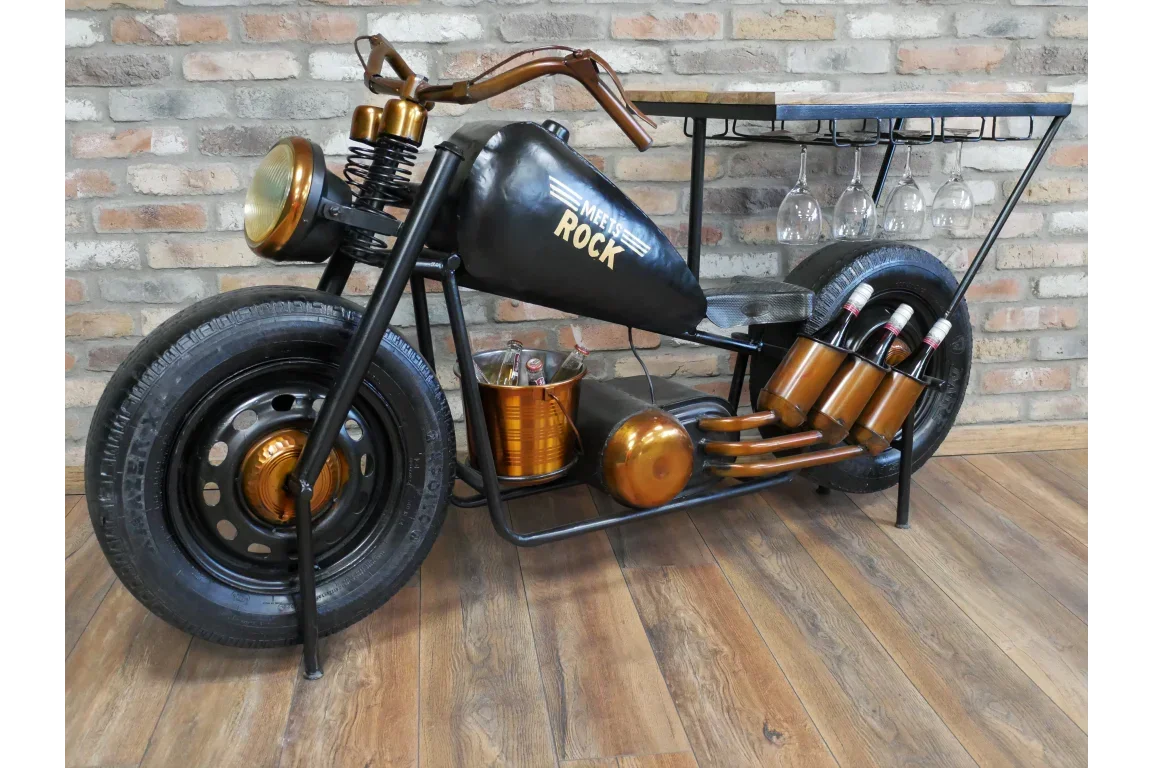Motorbike bar table with wine bottle storage, glass rack, and metal accents on wood floor