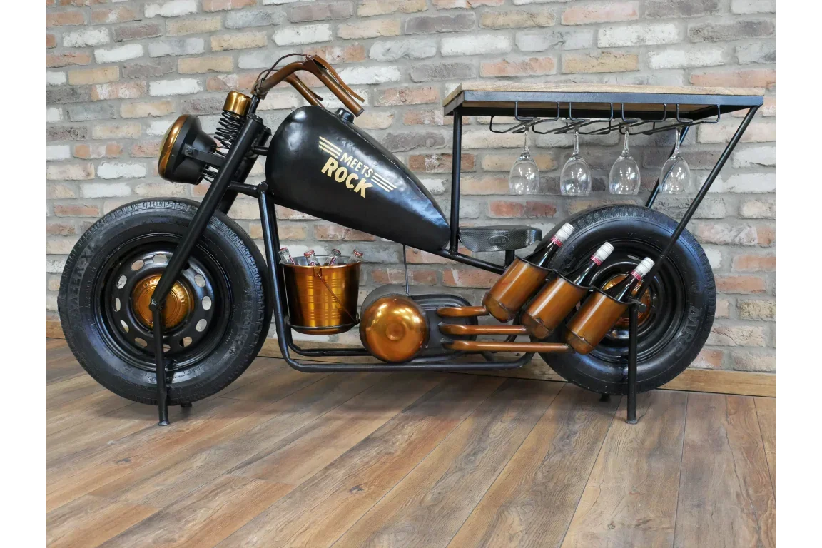 Motorcycle bar unit with bottle holders, glass rack and bucket, industrial home furniture