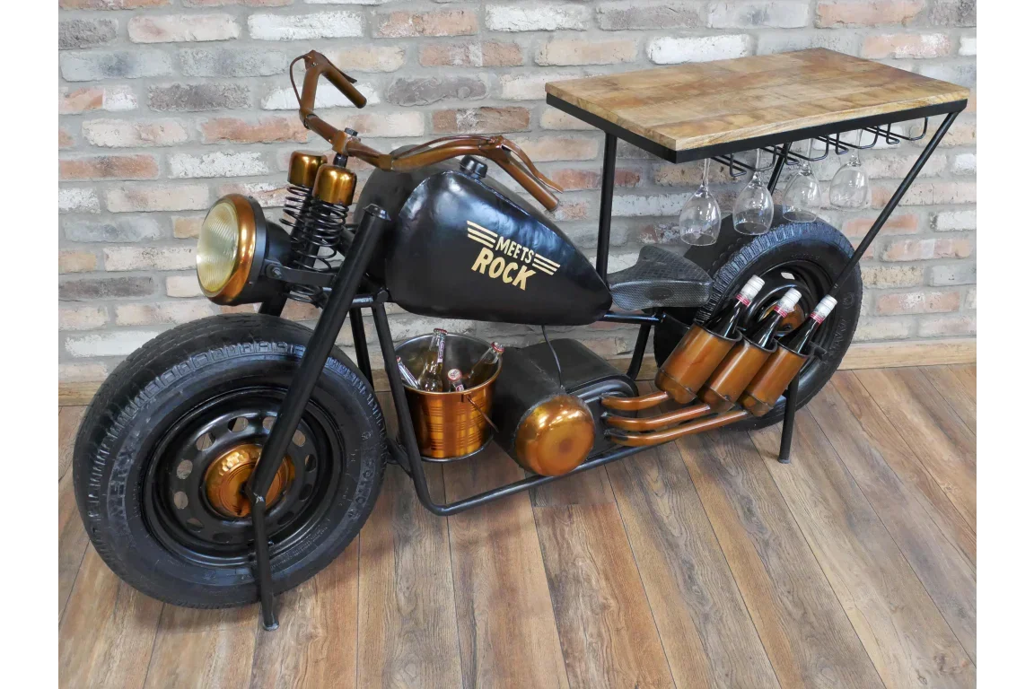 Industrial motorcycle bar table with metal and wood finish, wine rack and hanging glasses