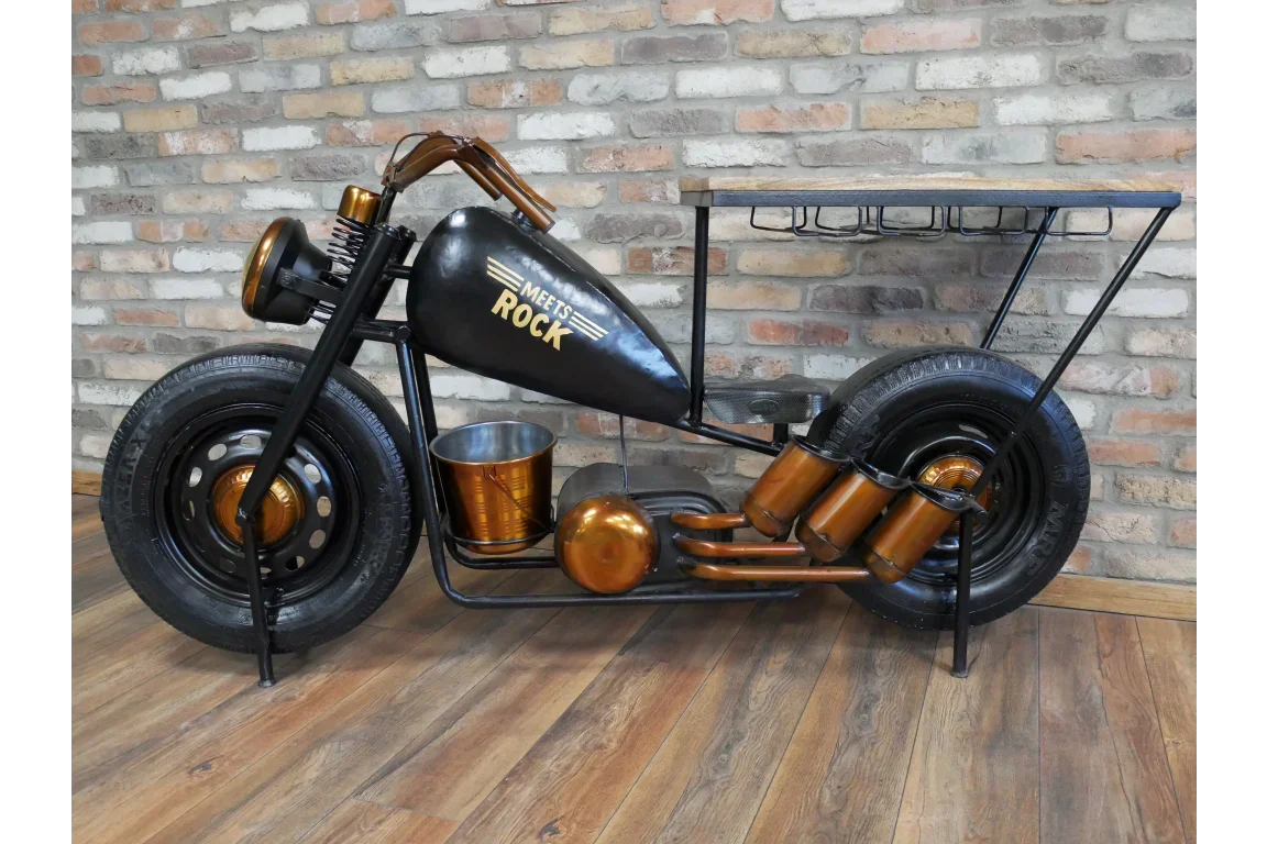 Motorbike themed bar table with black and copper finish, wine rack, and metal shelf