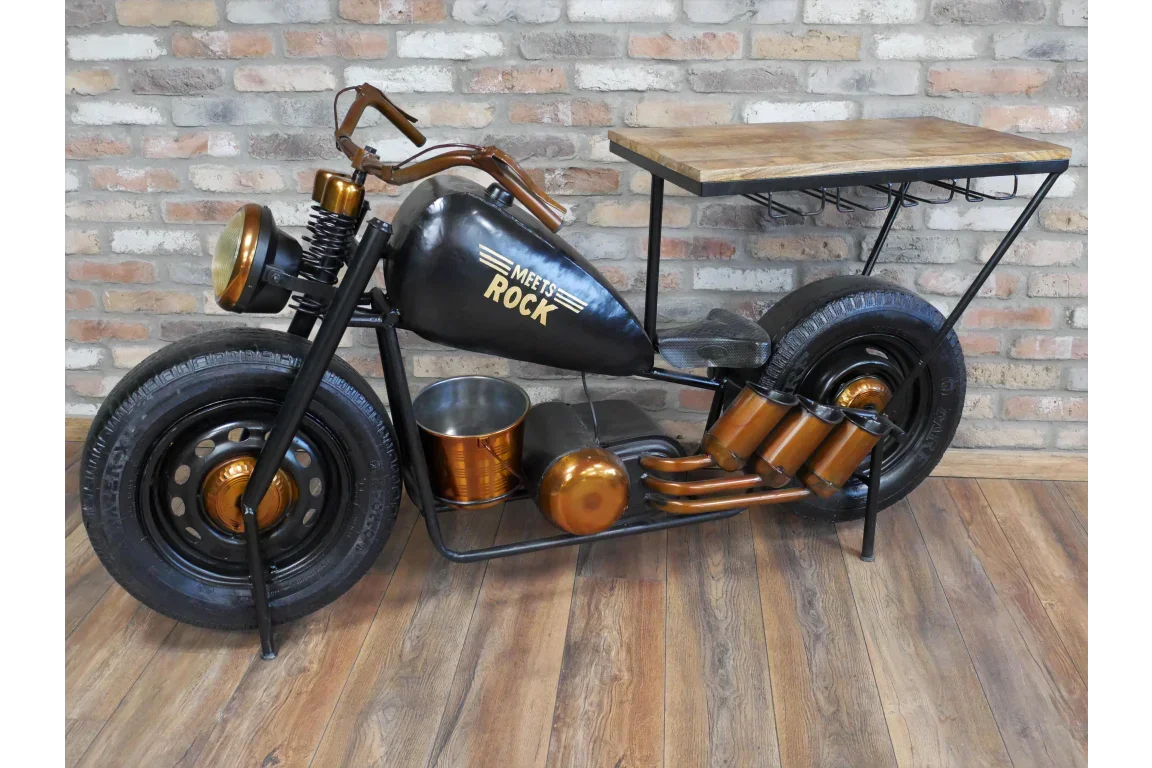 Motorcycle themed bar table with wooden top and metal frame, wine glass rack underneath