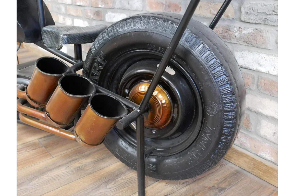 Industrial bar stool seat with black tyre base and integrated brown metal cup holders