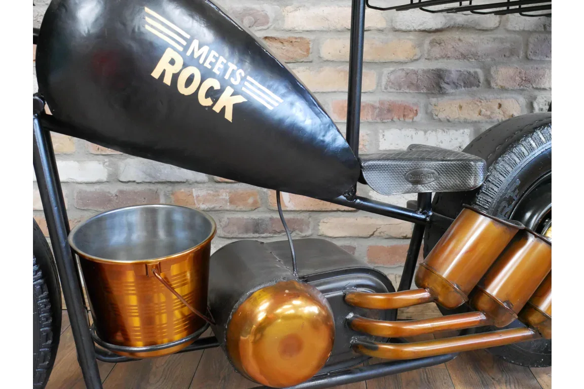 Industrial style motorcycle bar cart with metal bucket, exposed pipes and rock motif
