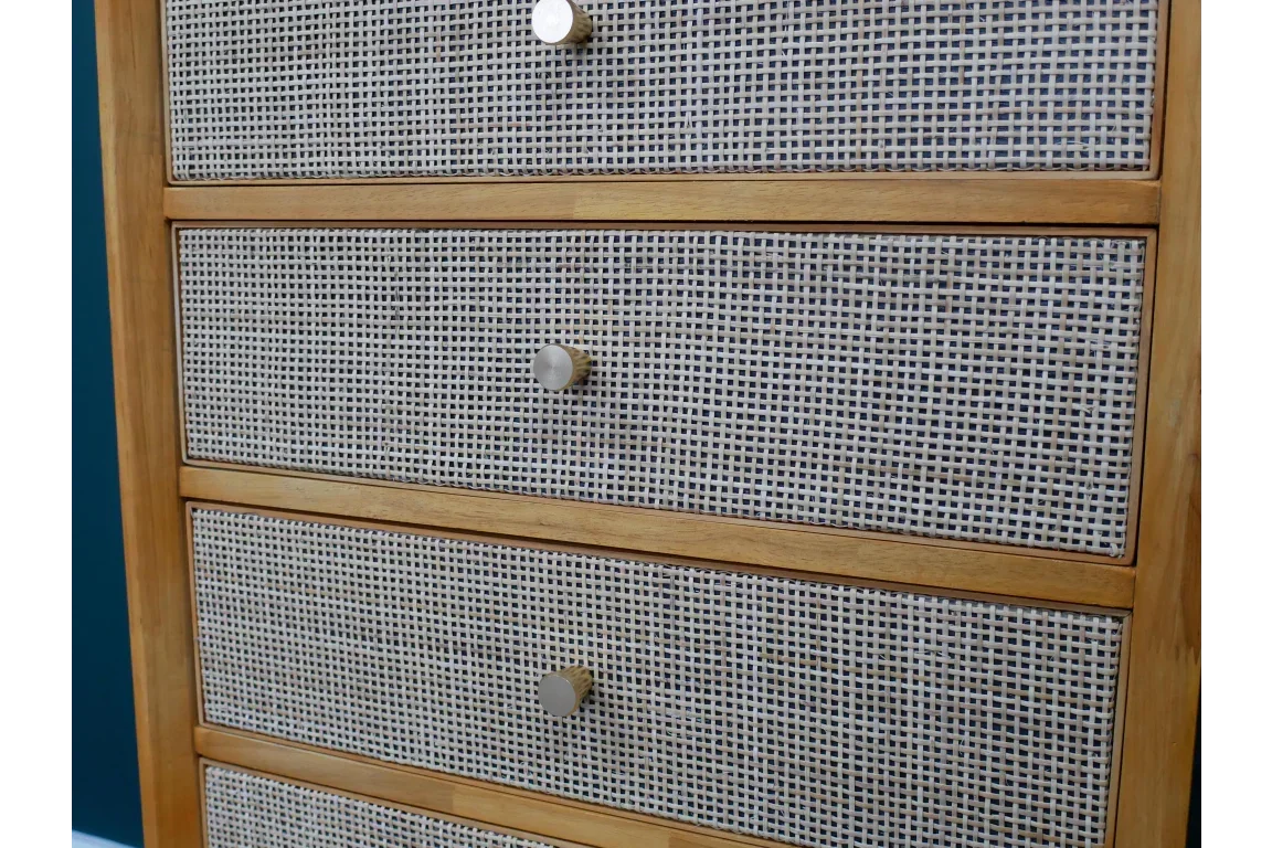 Wooden chest of drawers with woven rattan fronts and round metal handles