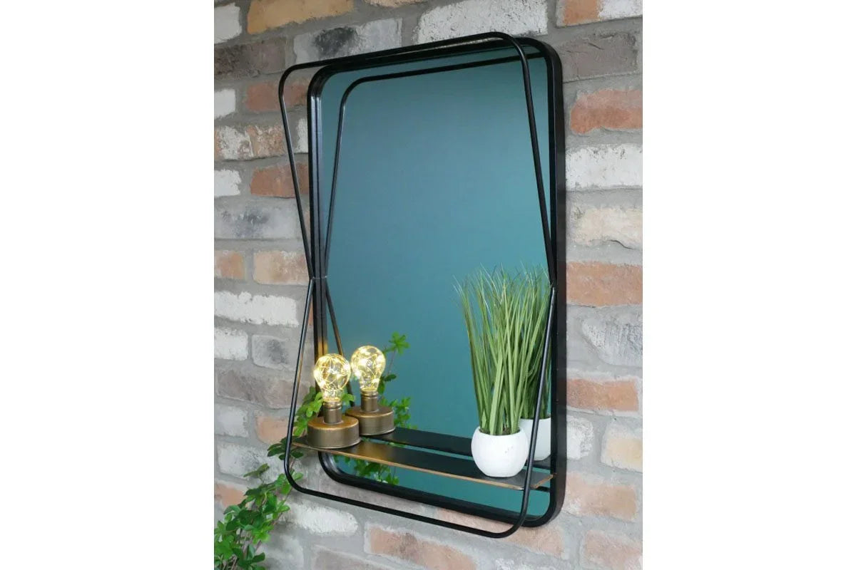 Rectangular wall mirror with black metal frame and shelf, displayed with small plants and bulbs