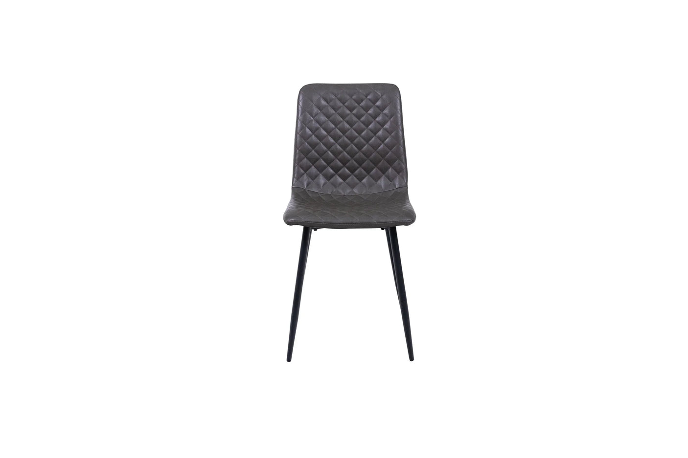 Grey dining chair with quilted seat and black metal legs, front view on white background