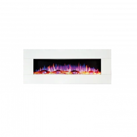 Modern electric fireplace with white frame and multicoloured LED flame effect