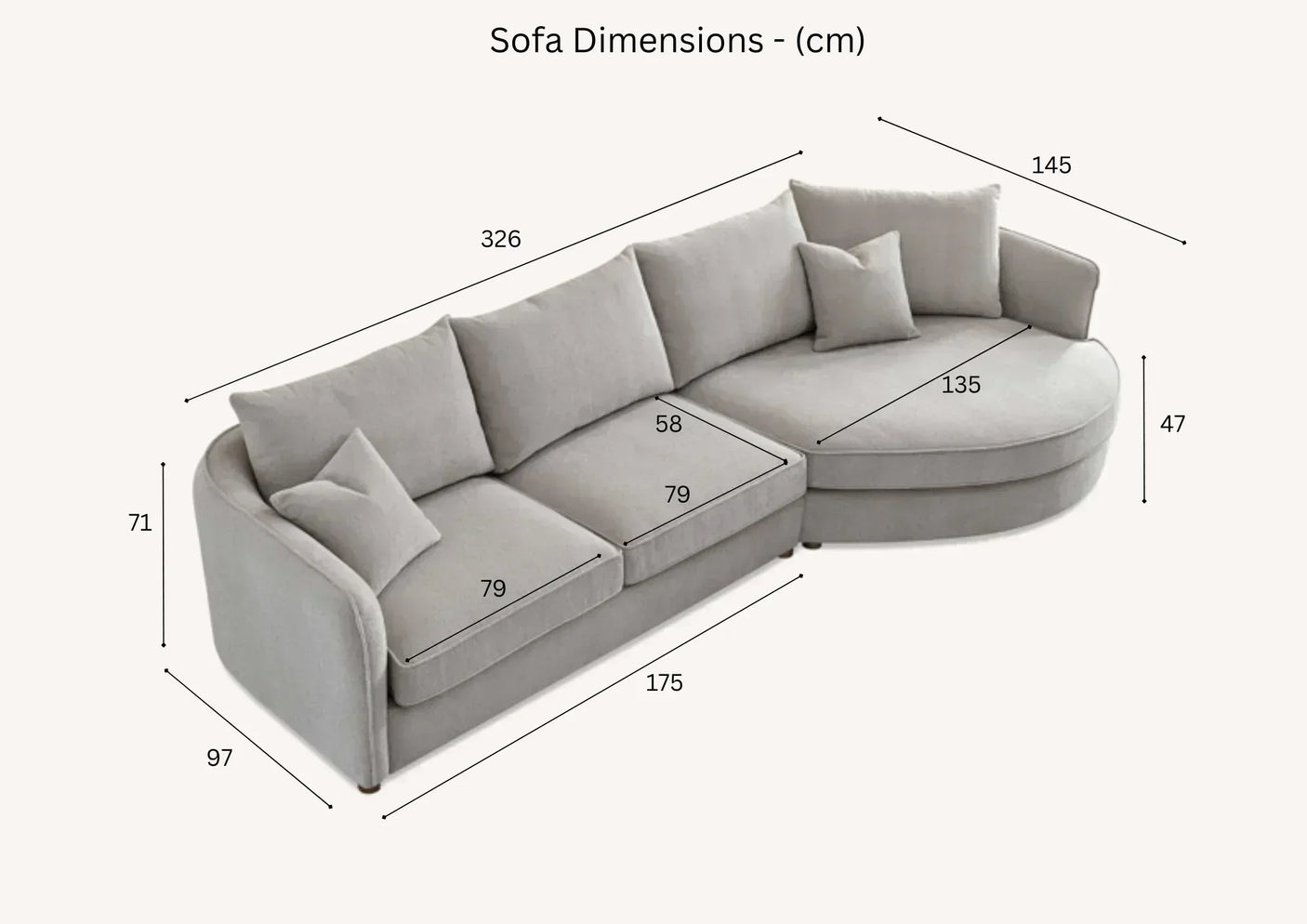 Light grey corner sofa with cushions, measurements labeled in centimeters