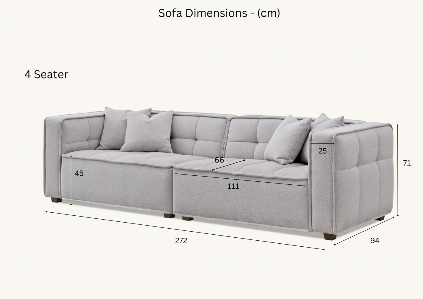 Light grey 4 seater sofa with tufted upholstery and detailed dimensions in centimeters