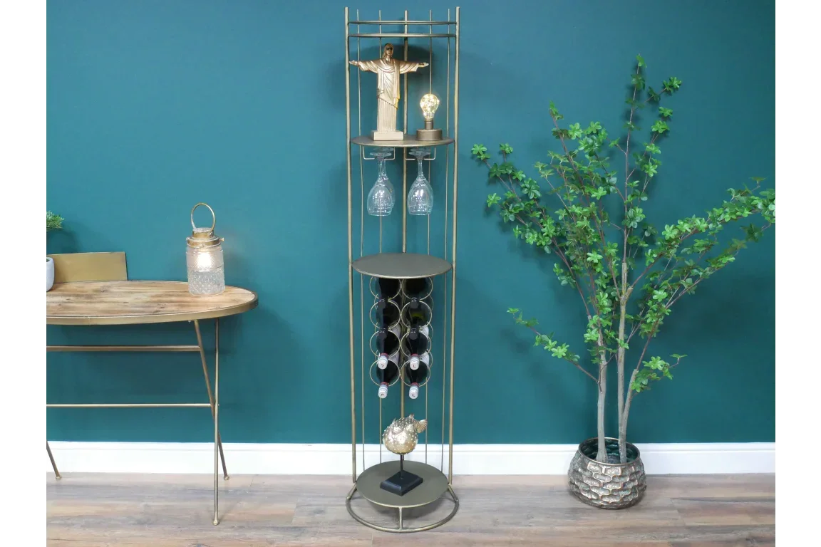 Modern metal wine rack with round shelves, glass holders, and bottle storage in living room