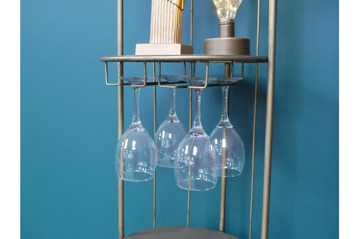 Modern furniture unit with metal wine glass holder and four hanging wine glasses