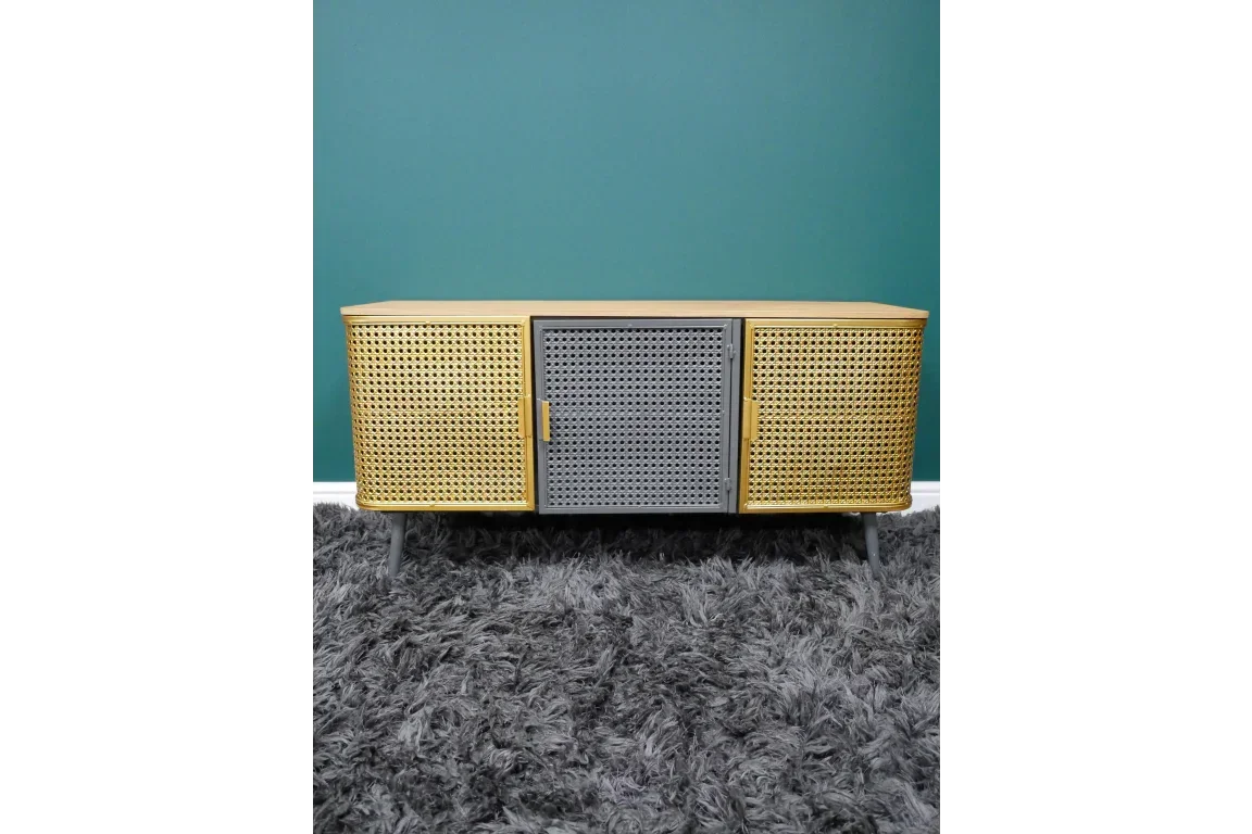 Wooden sideboard cabinet with woven rattan doors and grey shaggy rug