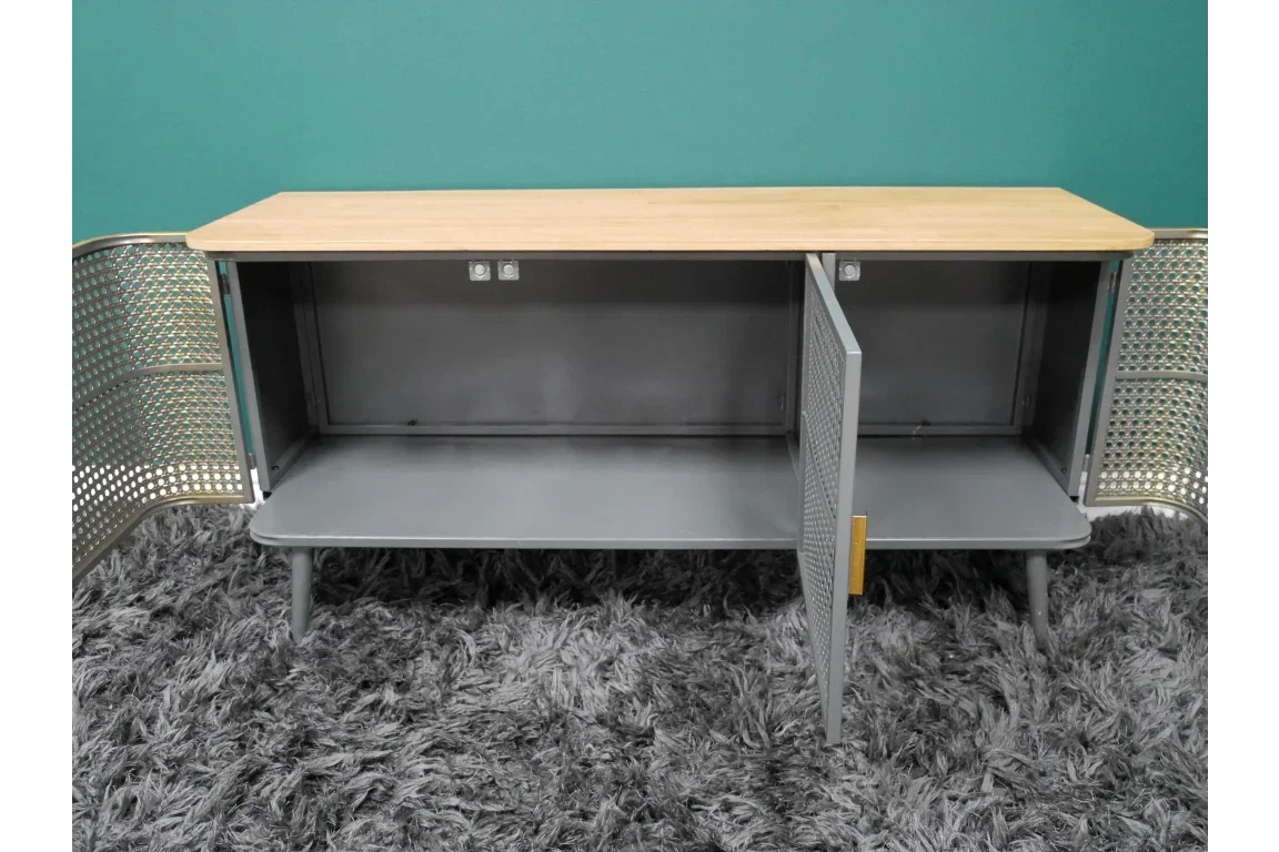 Metal and wood sideboard with open doors showing spacious interior on grey rug