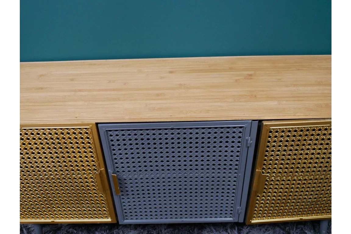 Wood sideboard with gold and grey woven cane cabinet doors, modern hallway furniture