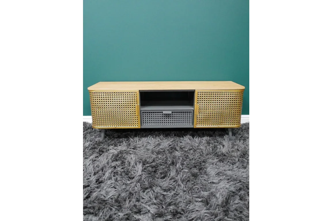 Wood TV unit with rattan panel doors and grey storage on shaggy carpet