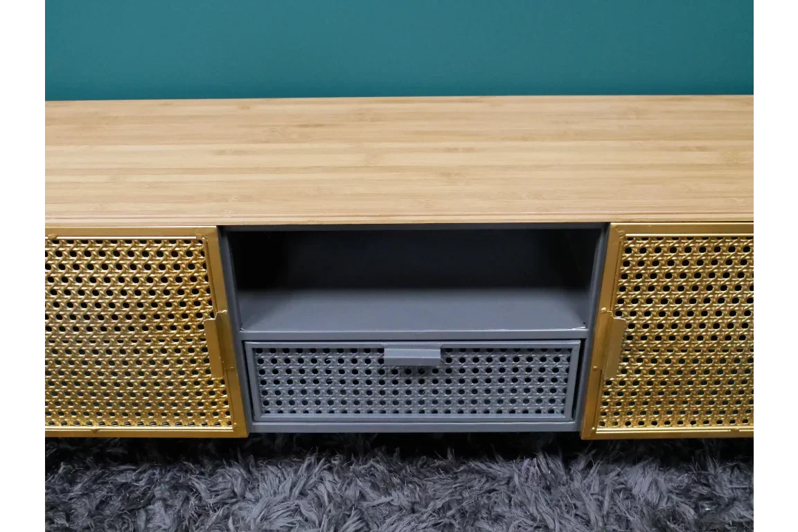 Wooden TV unit with rattan doors, central drawer and open shelf on grey rug