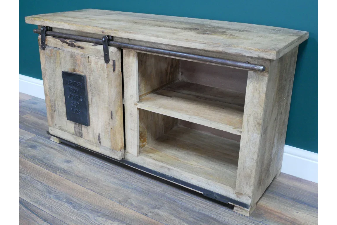 Rustic wooden sideboard with sliding barn door and open shelving on wood floor