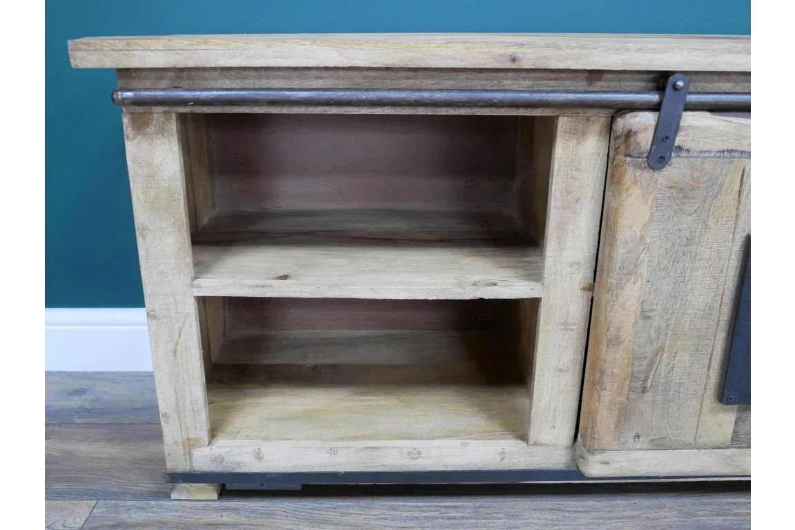 Rustic wooden sideboard with open shelves and sliding barn door detail