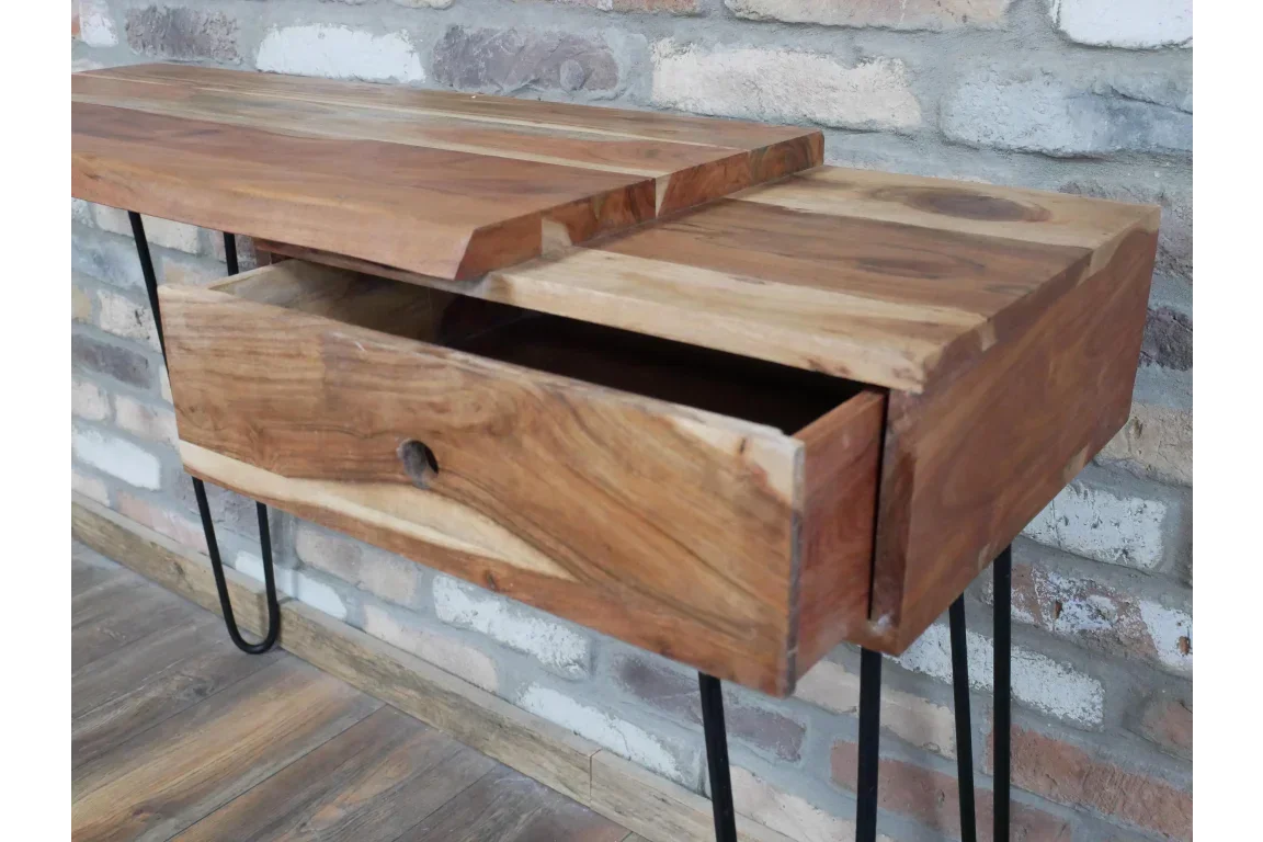 Solid wood console table with open drawer and black metal hairpin legs