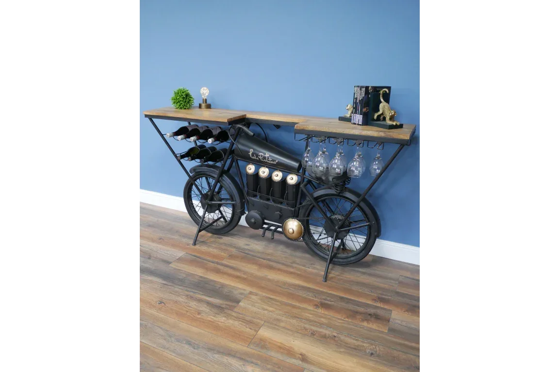 Motorbike themed sideboard with wine rack and glass holders, wooden top, black metal frame