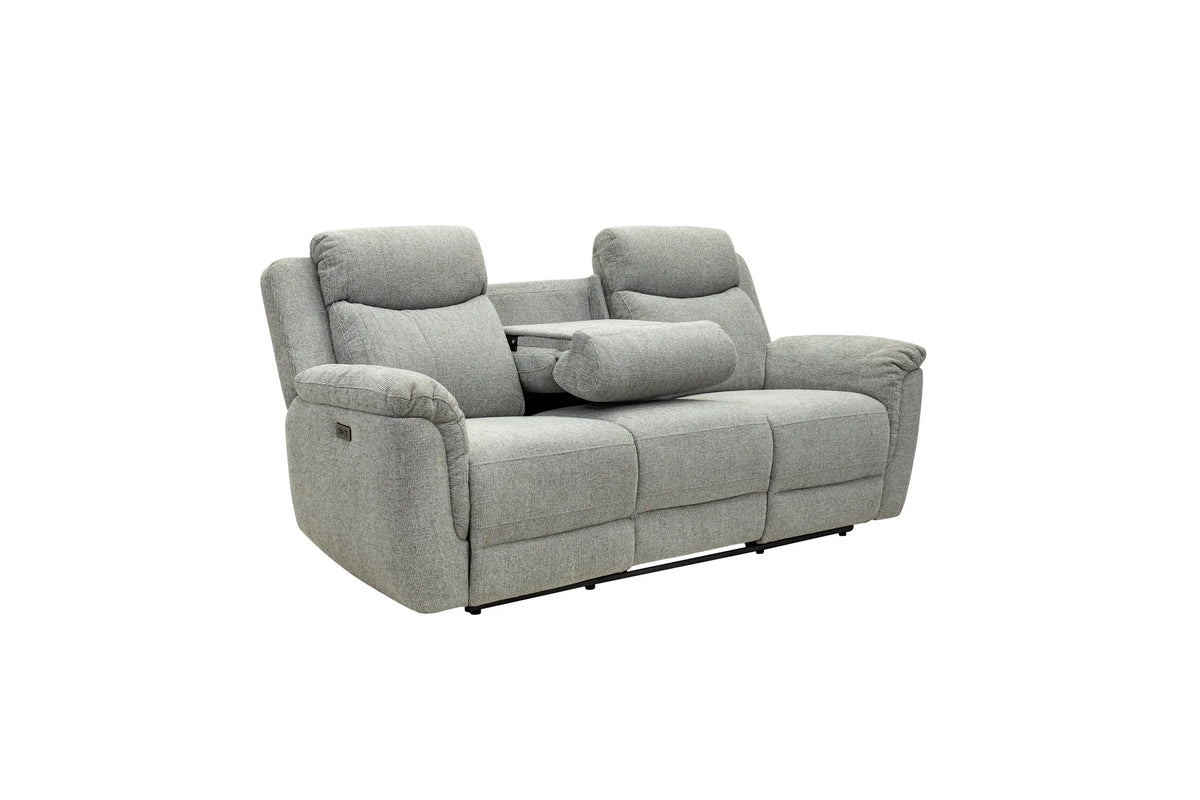 A light gray fabric reclining loveseat with two back cushions, wide armrests, and a center console table, shown on a plain white background.