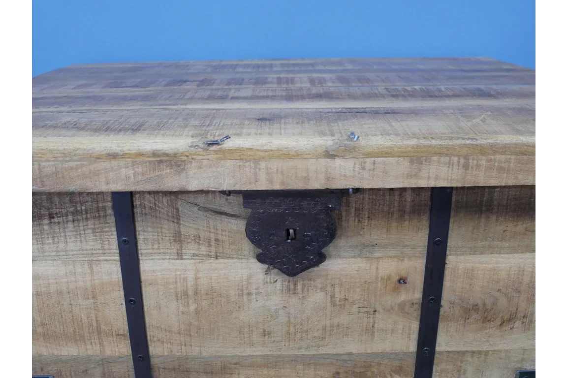 Rustic wooden storage chest with metal latch and black iron corner brackets