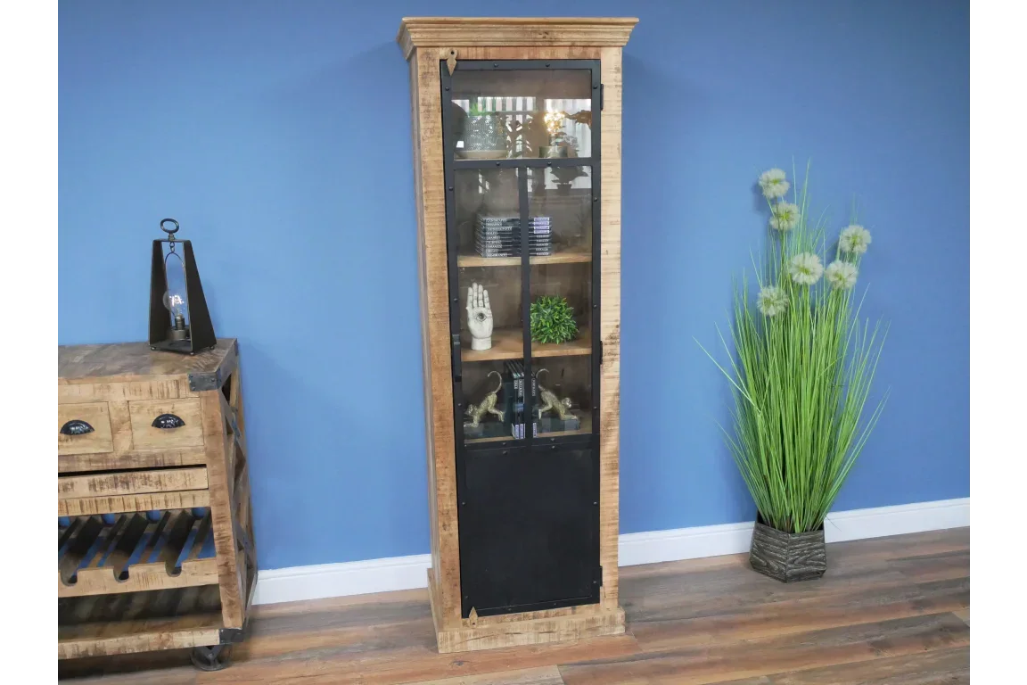 Industrial wood and metal display cabinet with glass door in living room setting