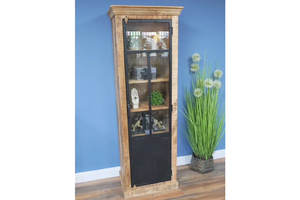 Tall wooden display cabinet with black metal framed glass door in modern room
