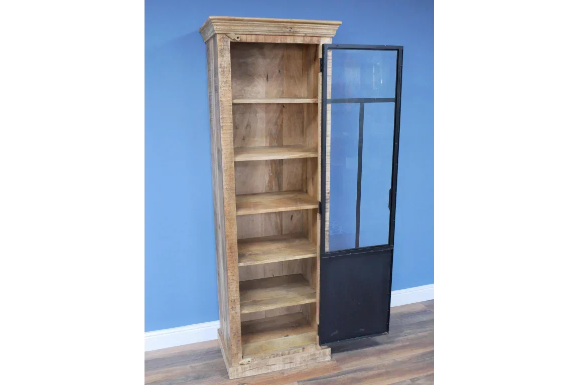 Tall wooden display cabinet with glass panel door and five open shelves