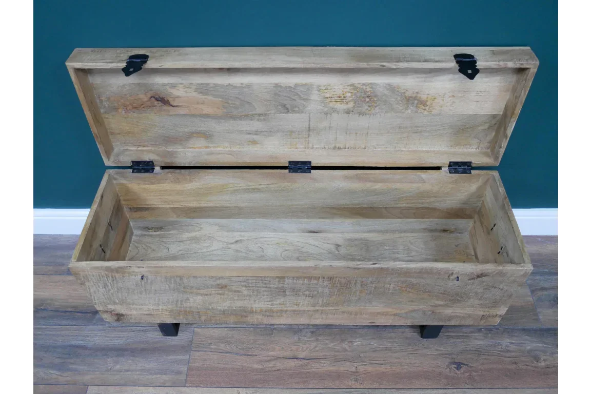 Mango wood storage chest with open lid, black hinges, and natural wood grain finish