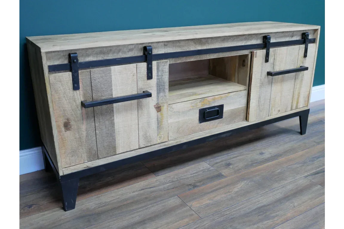 Rustic wood TV unit with black metal legs, sliding doors, and central drawer