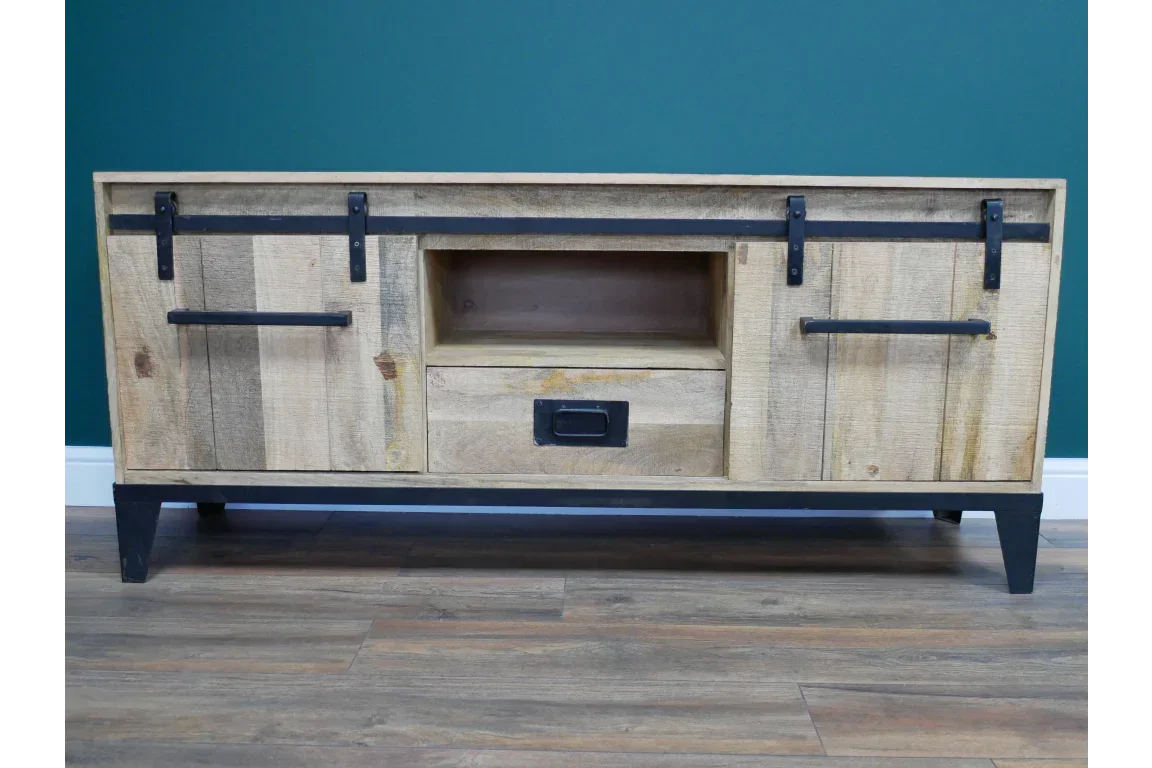 Industrial TV unit with sliding doors, central open shelf and drawer, natural wood finish