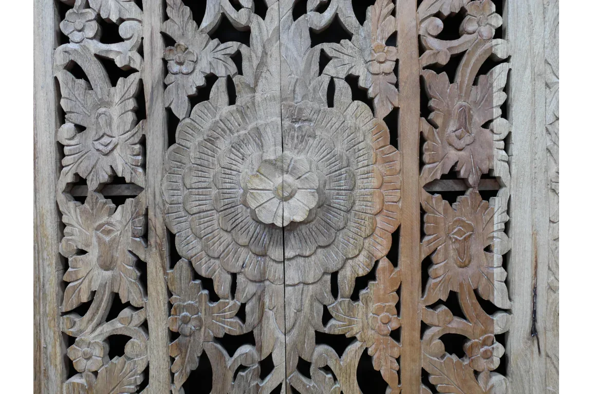 Carved wood panel with detailed floral pattern, natural finish, ideal for furniture décor