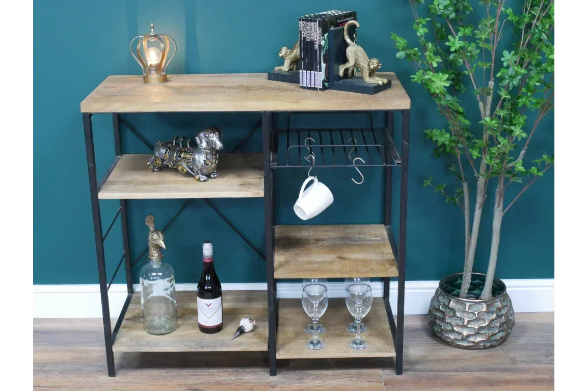 Industrial wood and metal bar unit with shelves, wine glass rack, and decorative accessories
