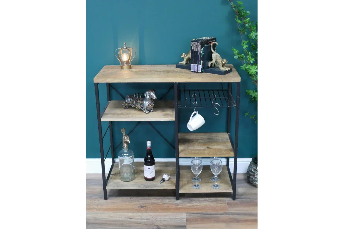Industrial wood and metal sideboard with open shelves and wine glass rack against teal wall