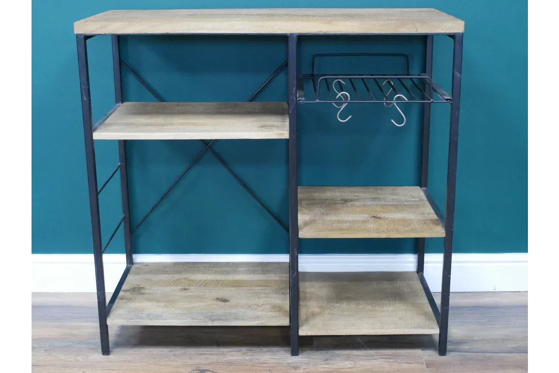 Industrial style shelving unit with wooden shelves, metal frame and wine rack storage