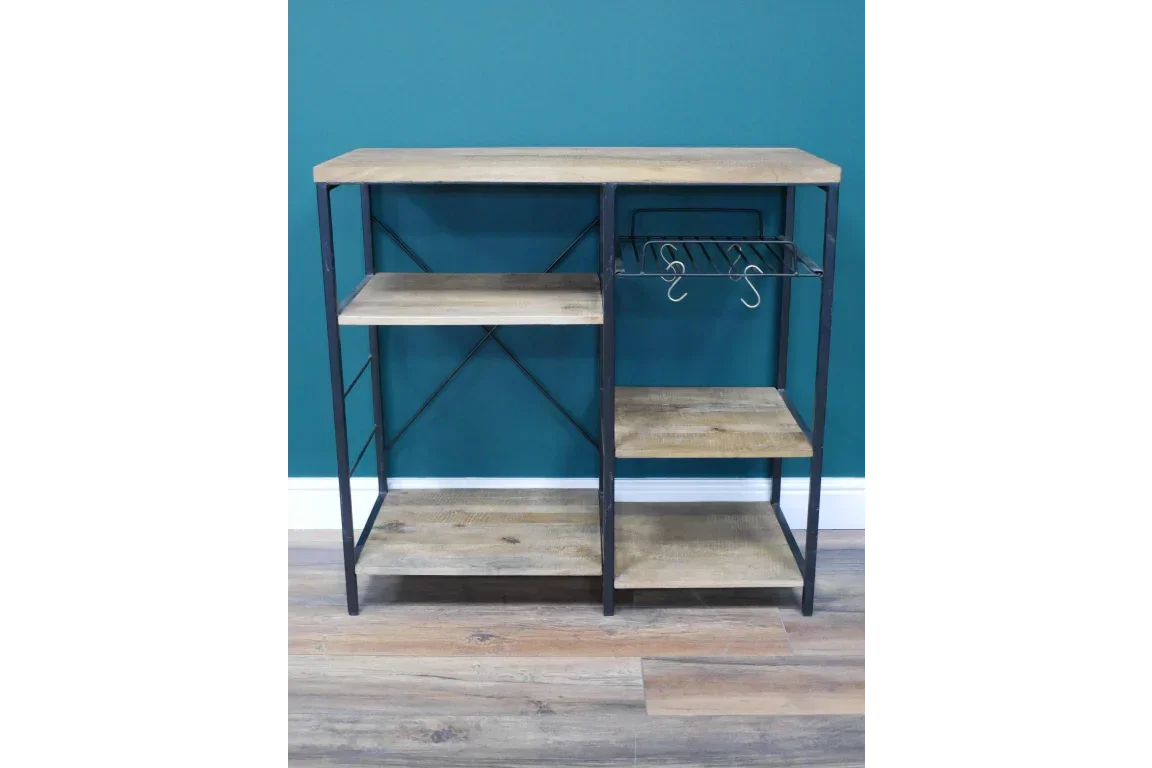 Industrial style wooden storage shelf unit with black metal frame and hooks