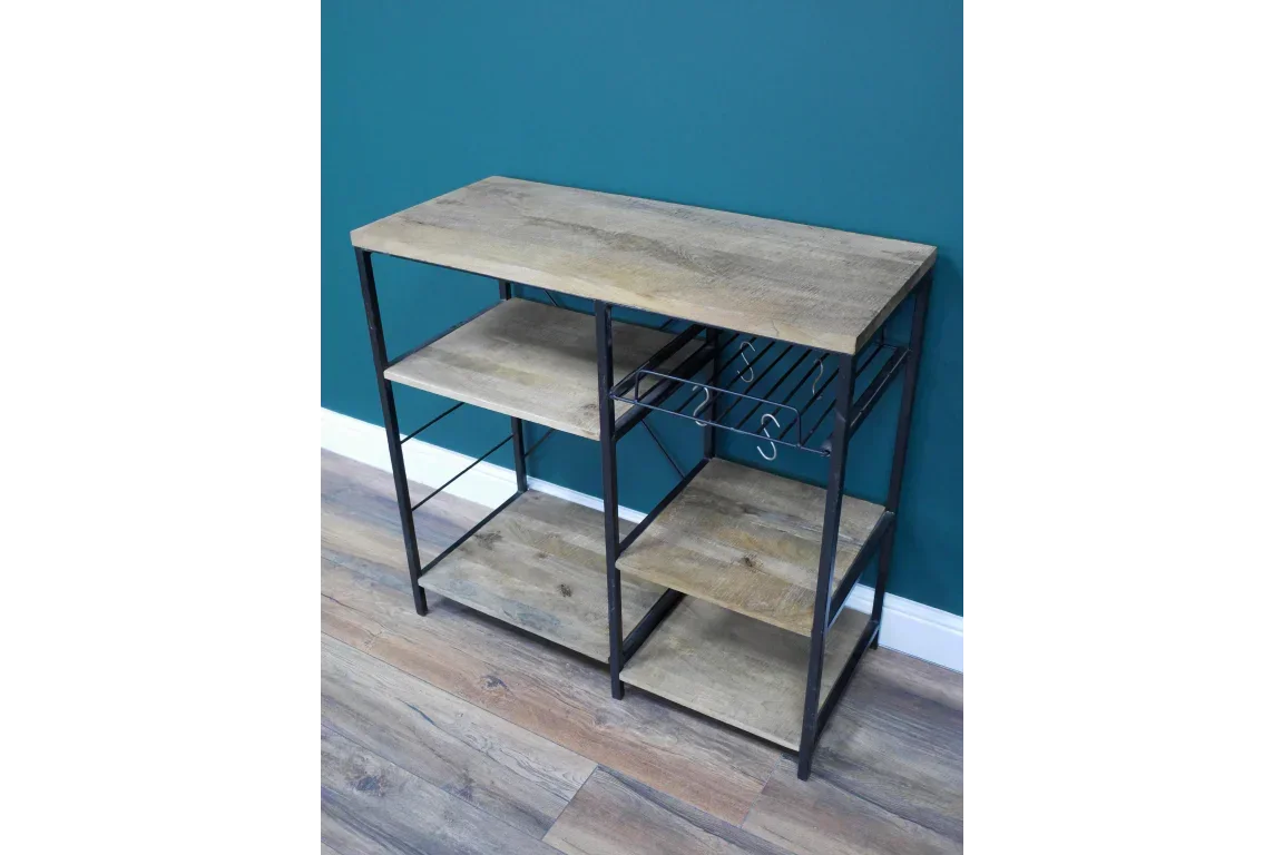 Industrial kitchen storage unit with three wood shelves and metal frame, wine rack feature