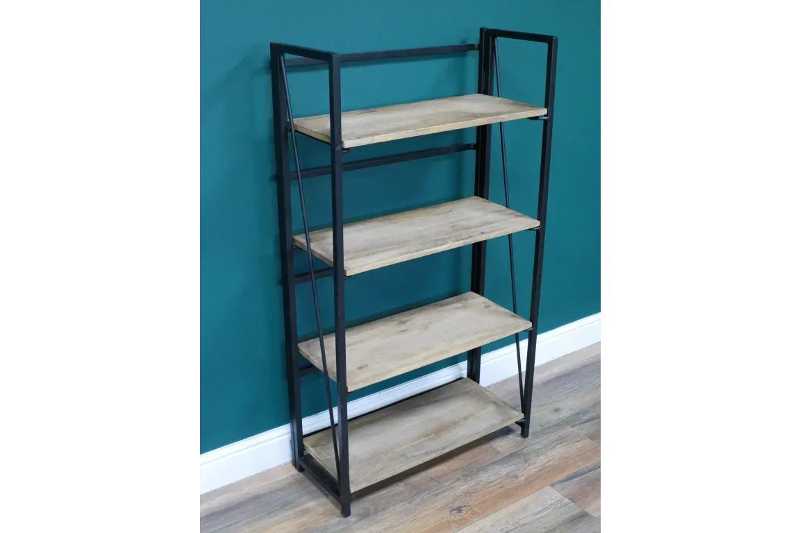 Industrial style wooden shelving unit with black metal frame and four shelves
