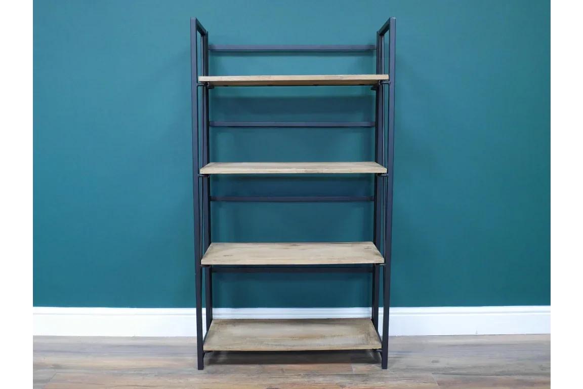 Industrial wood and metal shelving unit with four shelves against teal wall