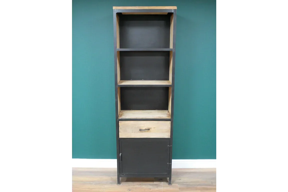 Industrial bookcase with black metal frame, wood shelves, single drawer and cabinet door