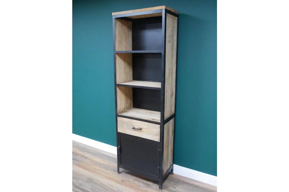 Tall industrial bookcase with wood shelves, metal frame, drawer and cabinet