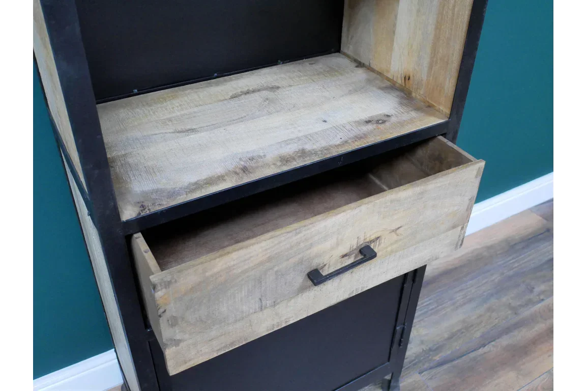 Industrial wood and metal storage unit with open drawer and shelf, close view