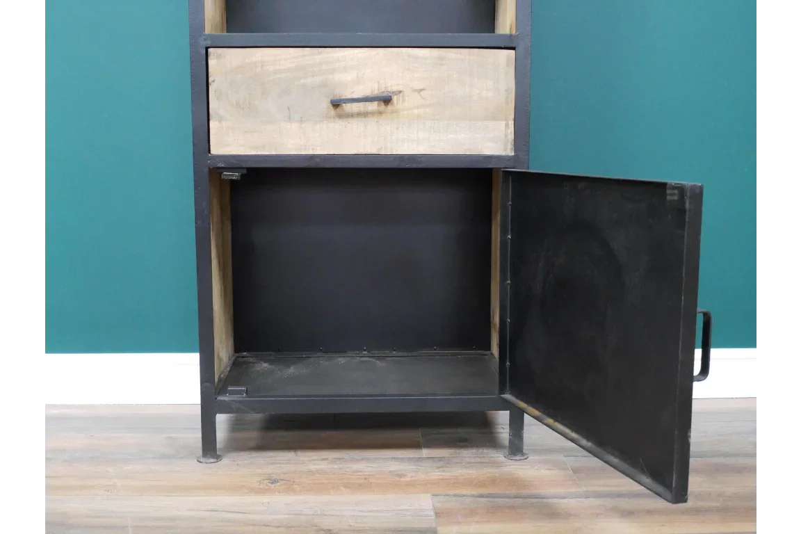 Industrial storage cabinet with metal door open and wood drawer, shown on wooden floor