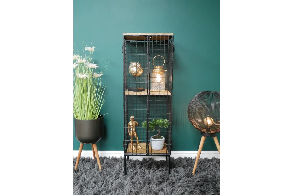 Black metal wire display cabinet with wooden shelves styled with plants and modern decor