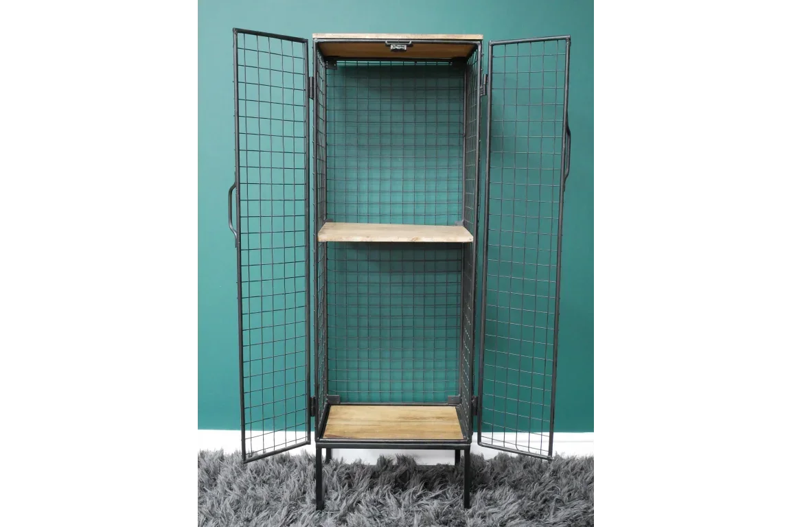 Industrial metal wire storage cabinet with two wooden shelves and open doors