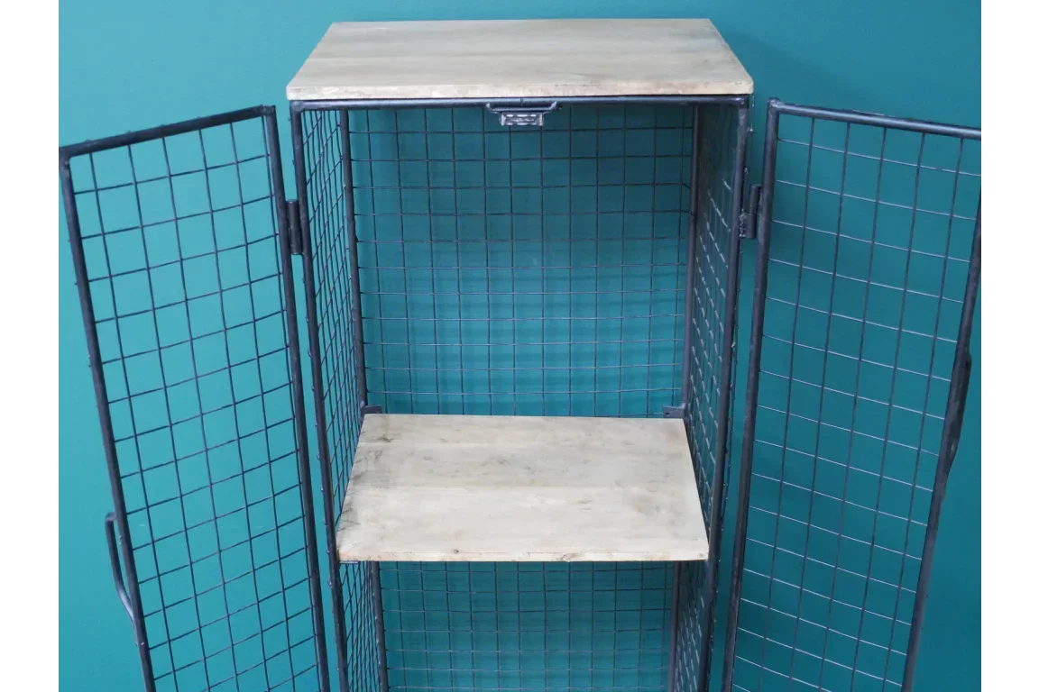 Industrial metal storage cabinet with mesh doors and wooden shelves